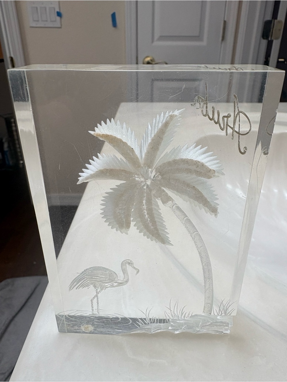 Clear Lucite Palm Tree & Flamingo Art Block - White Etched Accent